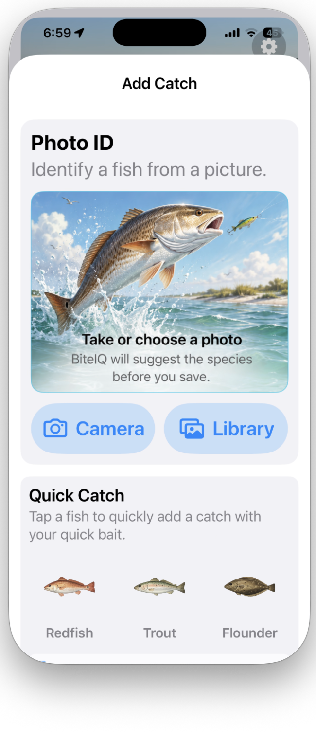 Real BiteIQ Add Catch screen on iPhone